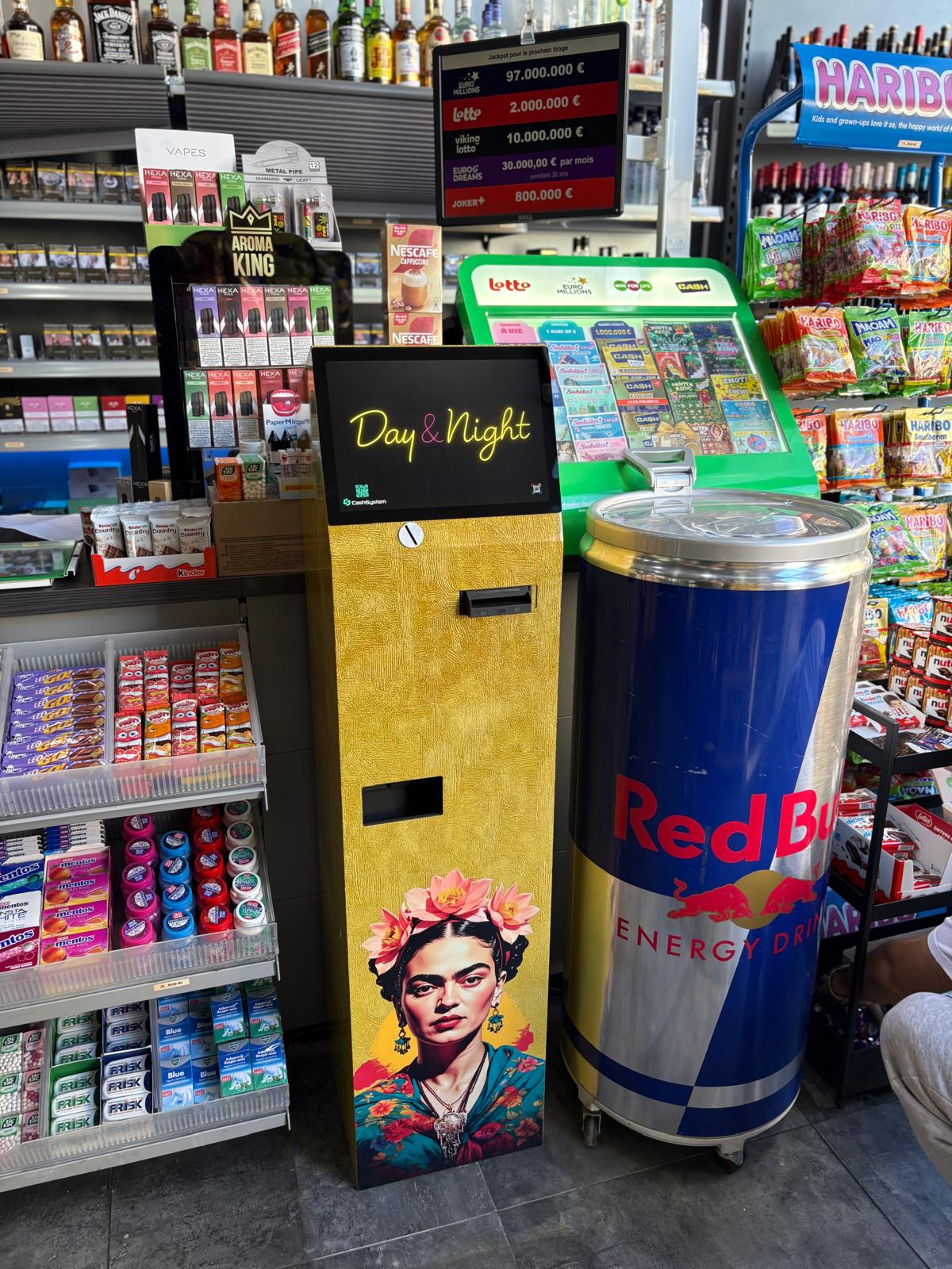 Caisse automatique Frida Kahlo installée dans un commerce en Belgique