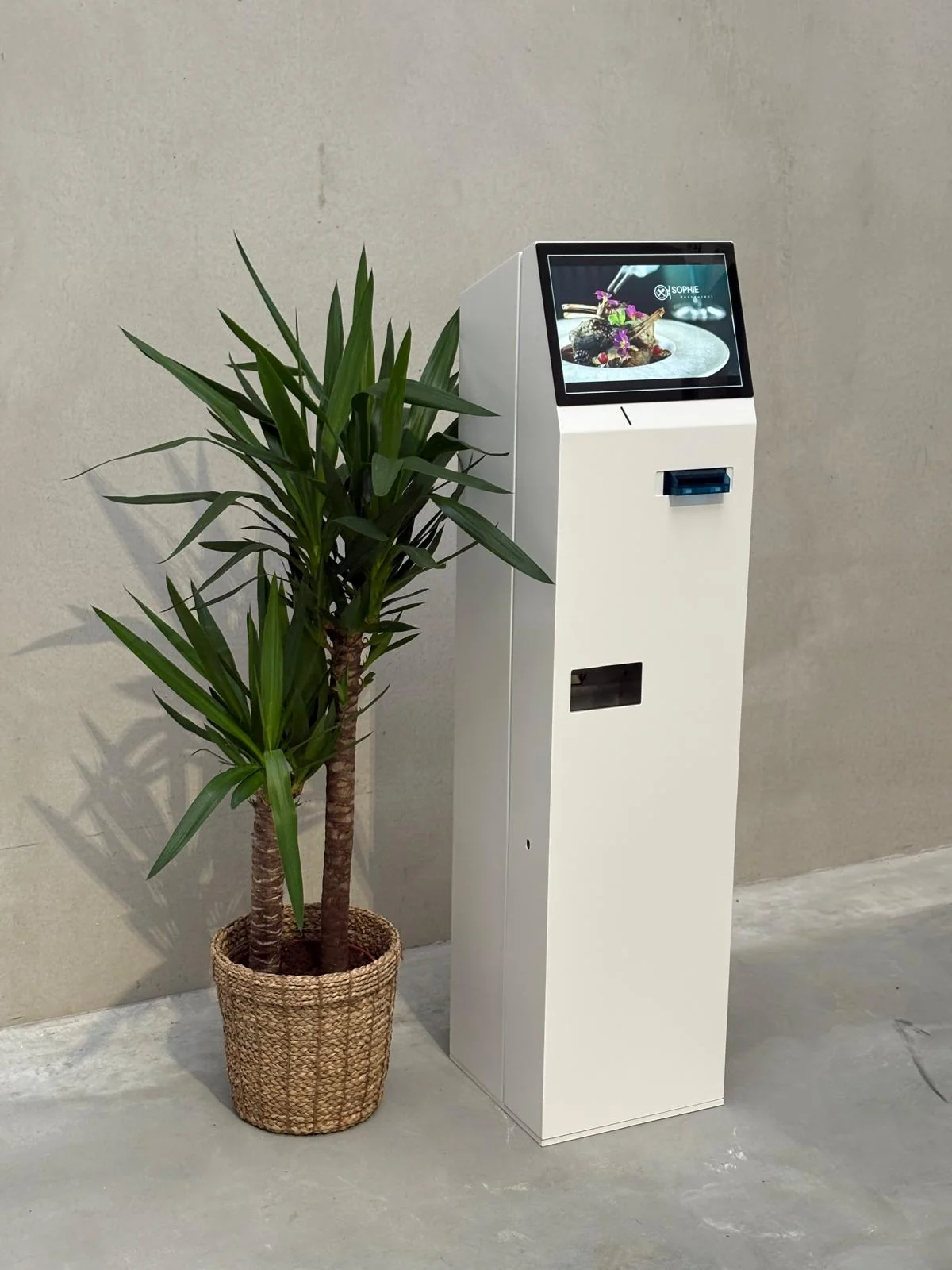 Monnayeur automatique CashSystem — kiosque blanc, vue 3/4 (Belgique)