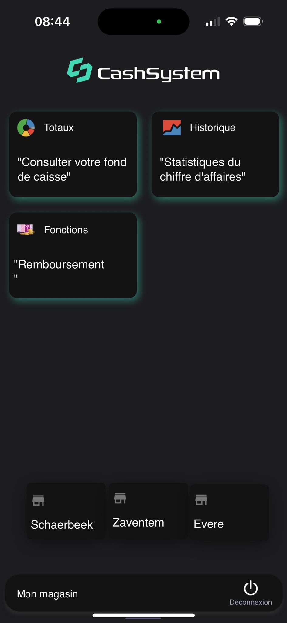 Application CashSystem Mobile — suivi billets et pièces, écran 1